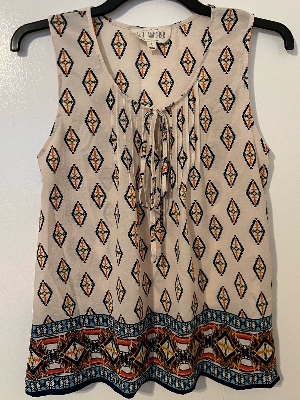 Sweet Wanderer Cream Printed Tie-Front Sleeveless Top